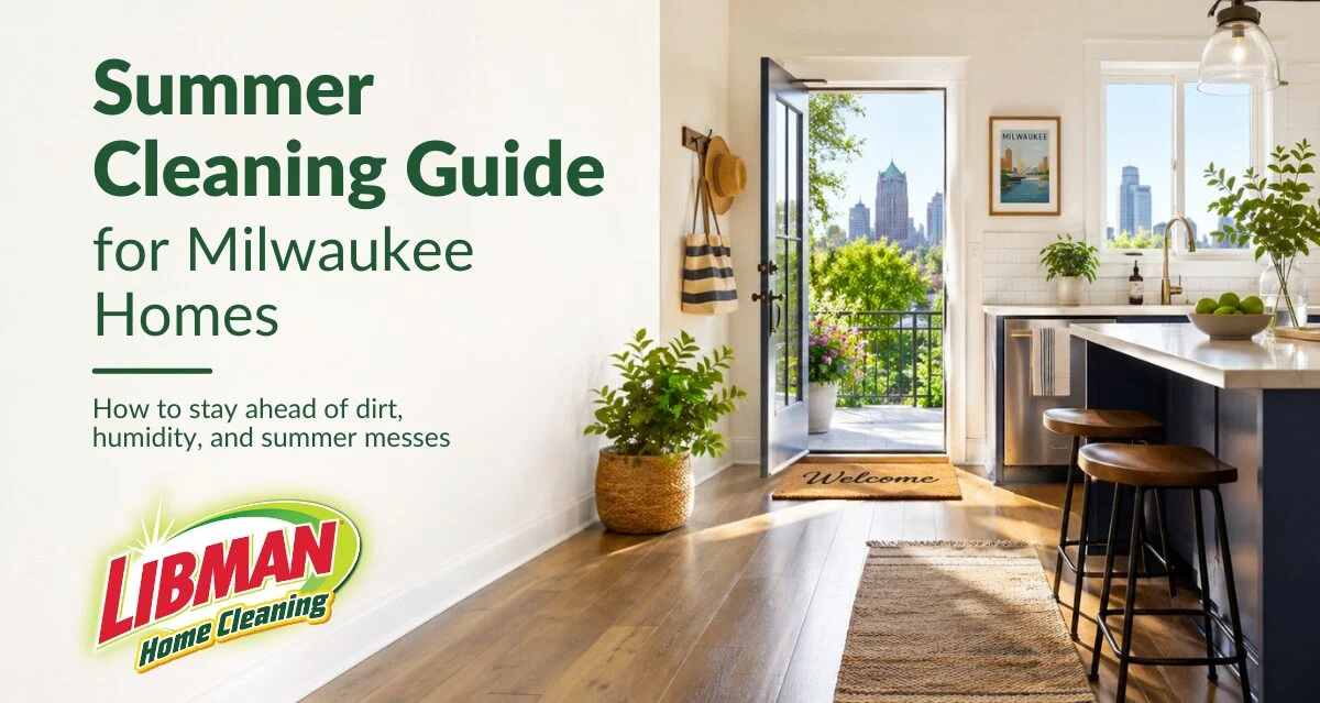 Bright, clean Milwaukee home entryway and kitchen with text reading Summer Cleaning Guide for Milwaukee Homes by Libman Home Cleaning.